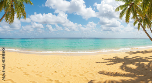 Tranquil Beach Scene with Lounge Chairs and Palm Trees on Golden Sand and Turquoise Ocean with Space