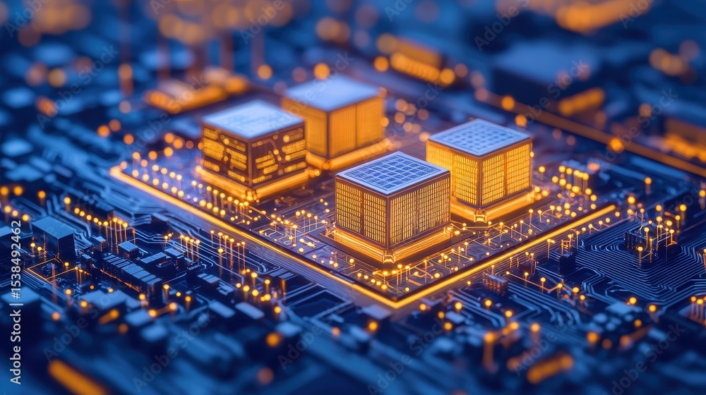 Obraz premium Advanced Microchips on Circuit Board with Golden Lights
