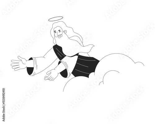 God reaching from clouds 2D line bible character. Heavenly presence. Spiritual being. Divine figure with halo and flowing robes isolated vector ink outline person. Monochromatic spot illustration