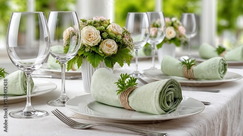 Formal place setting, pale-green accents, cream-rose centerpiece, garden backdrop