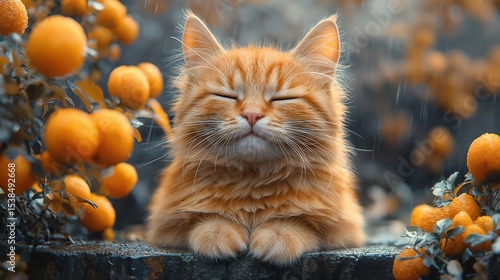 Fluffy ginger cat serene resting among mandarins in lush foliage