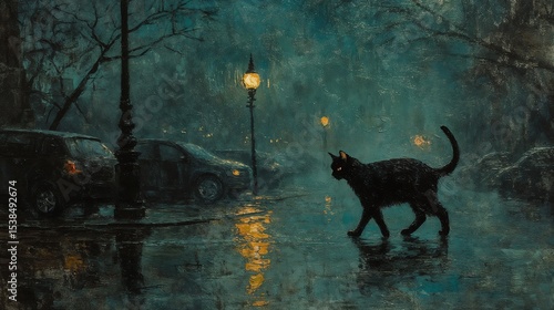 Black cat mysterious walking across wet street at night on lamppost-lit pavement