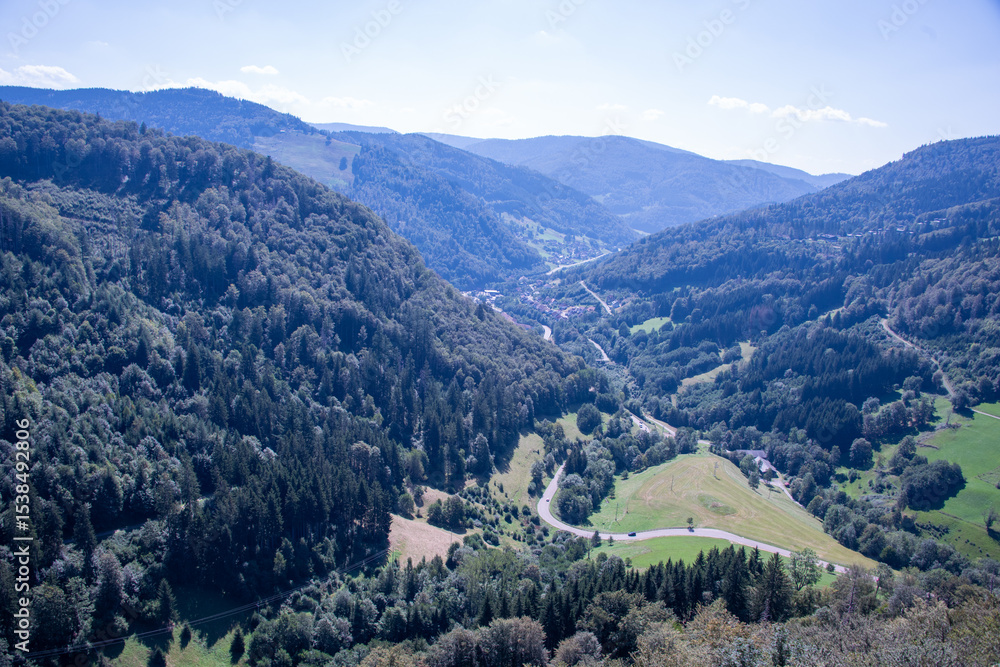 Fototapeta premium Panoramic summer view over the lush green hills and dense woodland of Germany’s Black Forest, seen from Sommerberg near Bad Wildbad.
