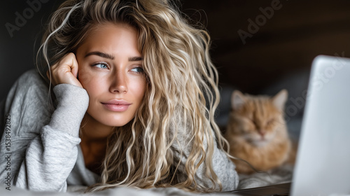Blonde woman relaxed lounging with cat on cozy bed background