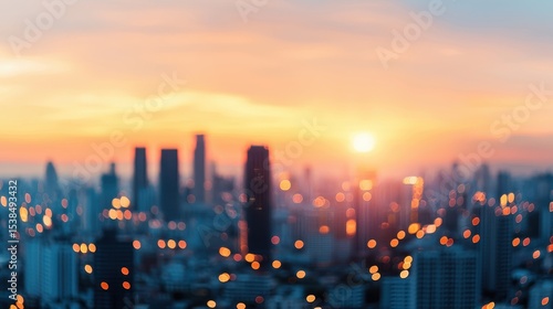 City Skyline at Sunset with Blurry City Lights Effect