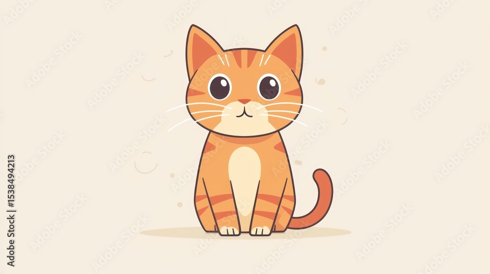 Obraz premium Cute orange tabby cartoon cat sitting, simple background, illustration, children's book