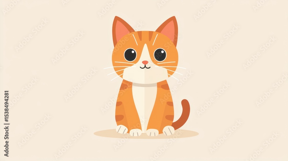Obraz premium Cute cartoon orange tabby kitten sitting, digital art, background color beige, use for children's content, social media