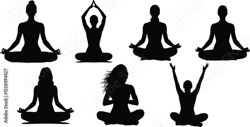 Silhouette Meditation Yoga Poses, Black Yoga Figures, Mindfulness Sitting Poses Set, Fitness Wellness Silhouettes for Relaxation