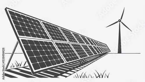 Illustration of solar panels array and wind turbine on a field in monochrome style design concept