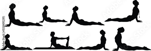 Silhouette Yoga Poses Solo Stretching Exercise, Black Yoga Figures, Individual Yoga Workout Set, Fitness Silhouettes for Wellness