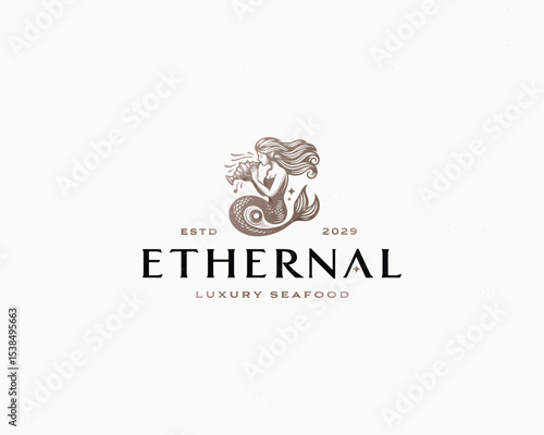 luxury elegant beauty mermaid sea logo template for restaurant, spa, cosmetics brand
