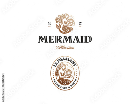 luxury elegant beauty mermaid sea logo template for restaurant, spa, cosmetics brand