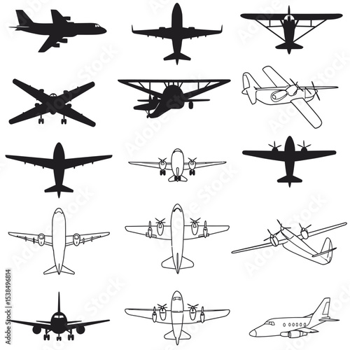 Realistic aircraft. Passenger plane in different views. Vector 3D model of an airplane isolated on white background.