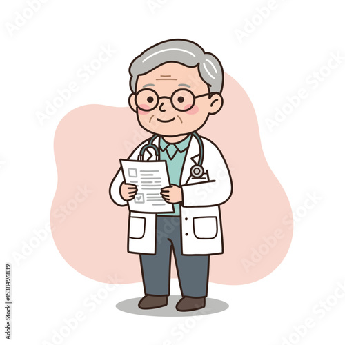 Senior doctor with medical paperwork smiling in white coat  