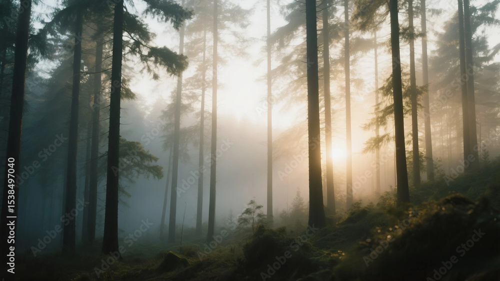 Fototapeta premium Ethereal Light in a Misty Pine Forest