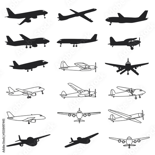 Realistic aircraft. Passenger plane in different views. Vector 3D model of an airplane isolated on white background.