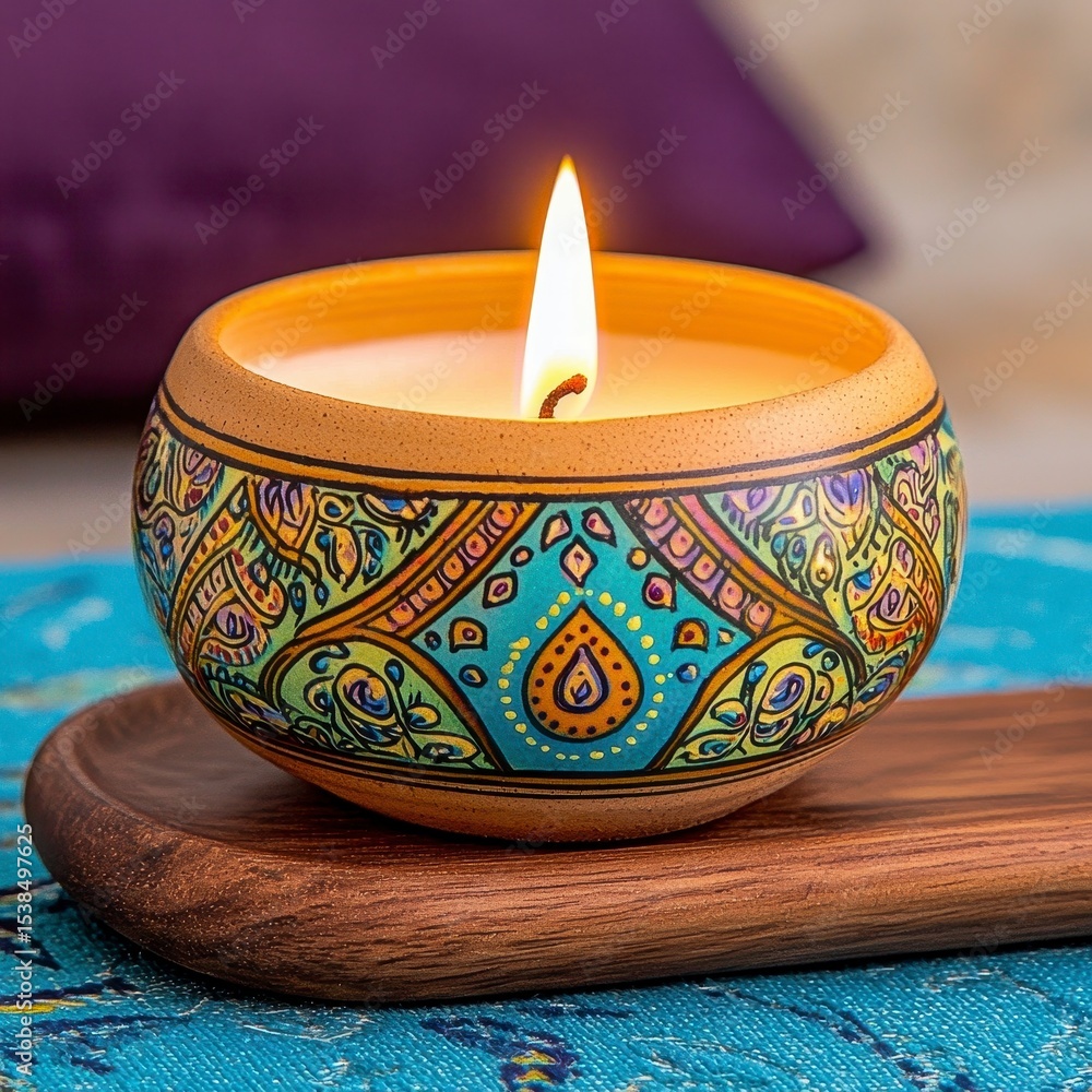 Teal and Beige Patterned Candle Burning on Wooden Tray Teal and Beige Patterned Candle Burning on Wooden Tray
