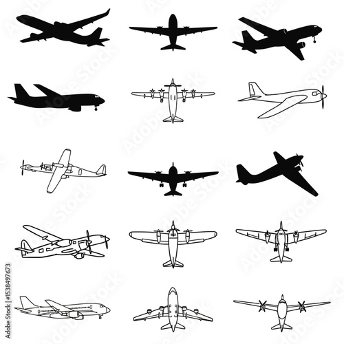 Realistic aircraft. Passenger plane in different views. Vector 3D model of an airplane isolated on white background.