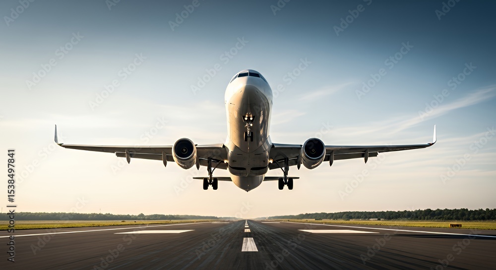 Fototapeta premium Airplane Taking Off on Runway with Bright Sky and Sunrise