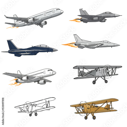 Realistic aircraft. Passenger plane in different views. Vector 3D model of an airplane isolated on white background.