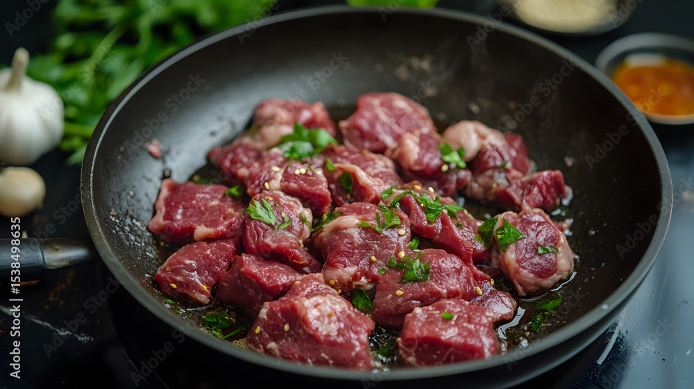 Raw sliced beef in pan with garnish, ready for cooking. Fresh herbs and spices add flavor Raw sliced beef in pan with garnish, ready for cooking. Fresh herbs and spices add flavor