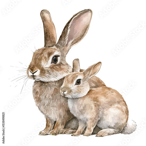 watercolor vector of A Mother Rabbit With Her Kid, isolated on a white background.