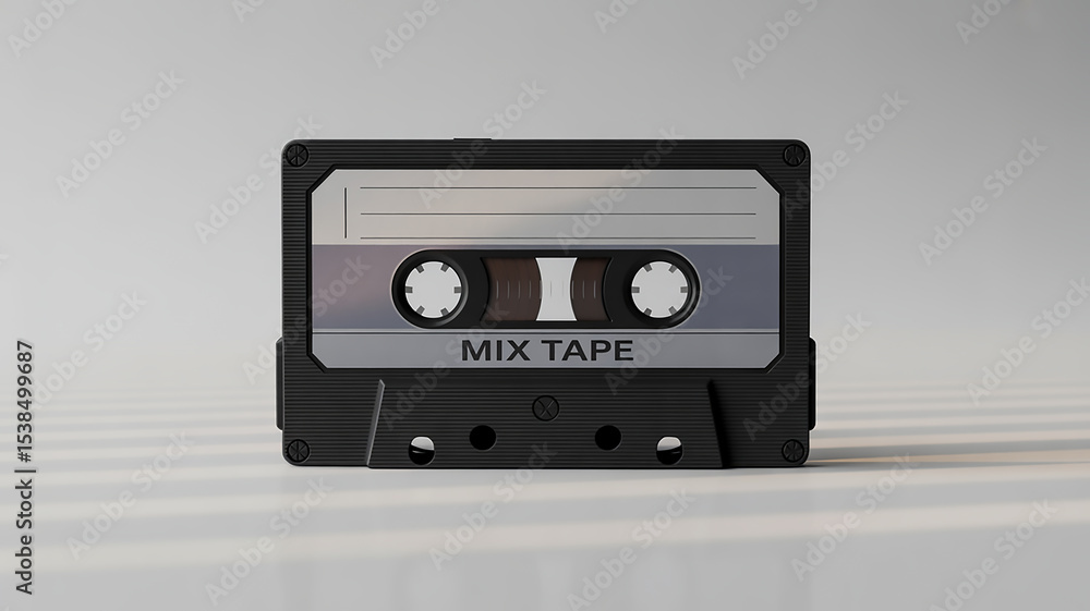Obraz premium High-quality image of a black audio cassette tape isolated on a pure white backdrop