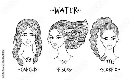 Vector line art portraits of Cancer with twin braids, Pisces with fish-wave hair, and Scorpio sporting a scorpion-inspired ponytail.