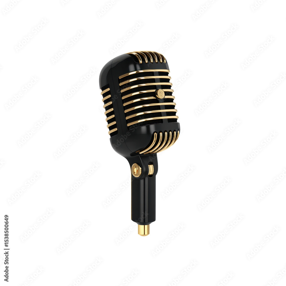 A black microphone featuring a rounded head and elongated body is accented by gold rings and a gold tip, transparent background A black microphone featuring a rounded head and elongated body is accented by gold rings and a gold tip, transparent background