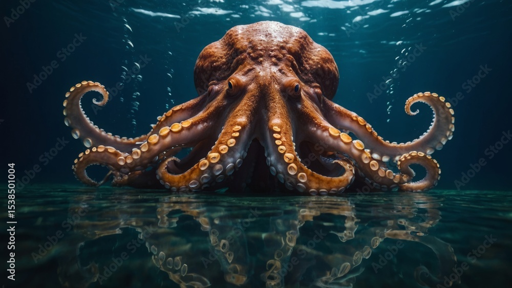 Obraz premium Octopus Resting on Seabed with Tentacles Curled in Dark Blue Ocean Water