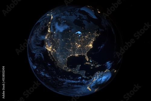Fototapeta Naklejka Na Ścianę i Meble -  Glowing earth at night over North America showcasing city lights and natural features from space
