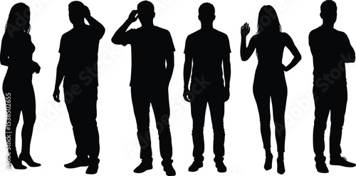 Silhouette people, casual poses, standing man and woman, side view, thinking gesture, waving hand, communication concept, black vector illustration