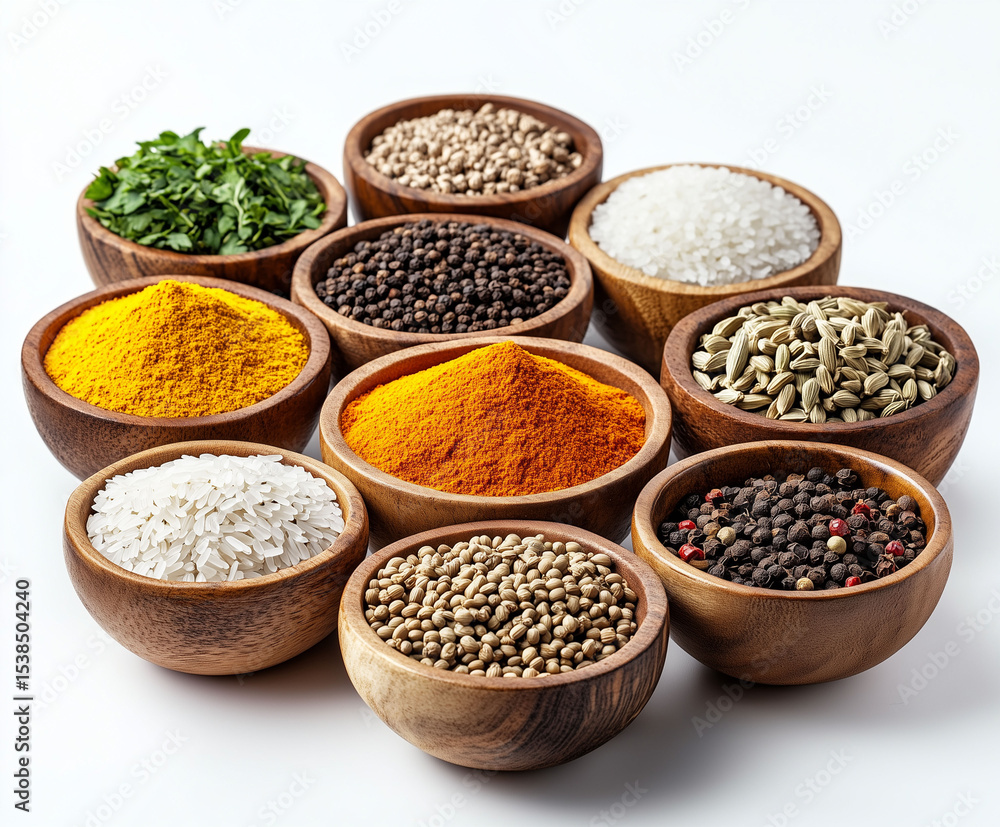 A tidy display of spices in small wooden bowls, showcasing a spectrum of colors and textures including A tidy display of spices in small wooden bowls, showcasing a spectrum of colors and textures including