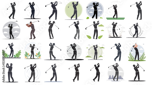 Silhouette of Male Golfer Swinging Club – Powerful Golf Action Pose on Plain Background

