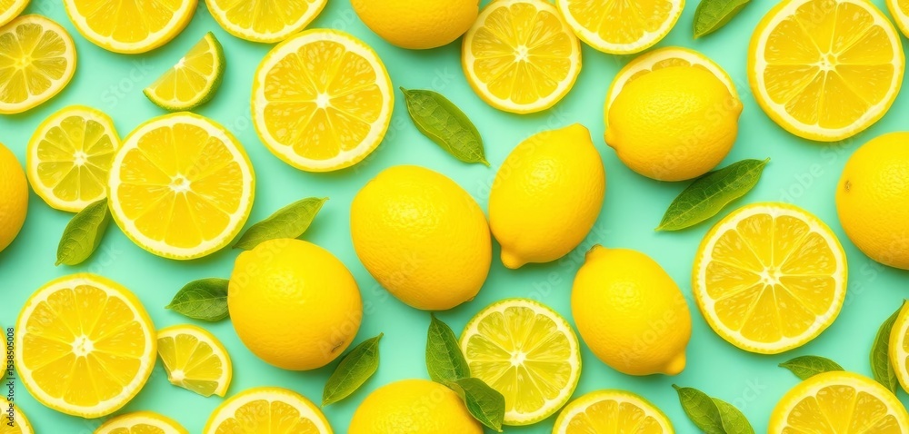 Obraz premium Vibrant yellow lemon slices and whole lemons in a repeating seamless pattern, vector, background image