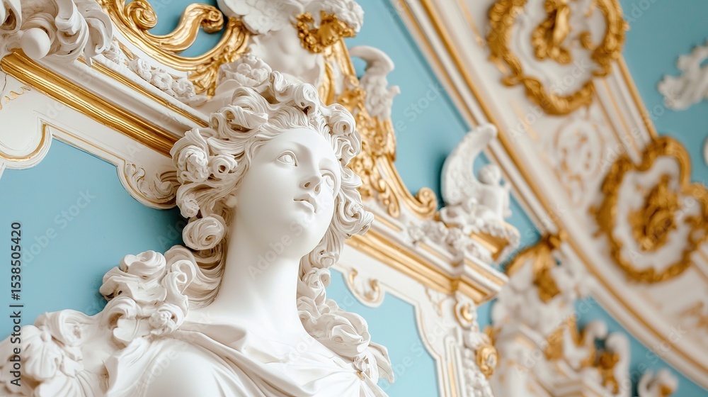 Fototapeta premium Elegant white and gold baroque sculpture decorates a lavish blue interior ceiling, showcasing ornate classical artistry and intricate detail.