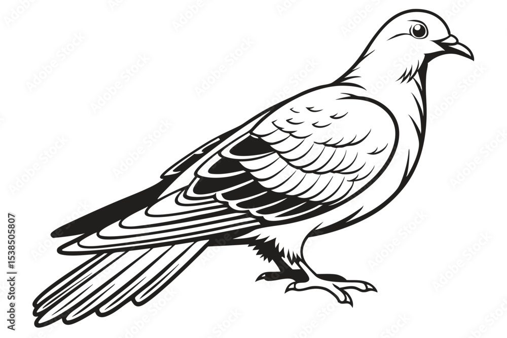 Fototapeta premium Monochromatic pigeon depicts its body with sharp lines and distinct feather details
