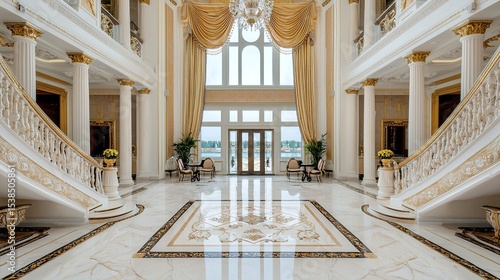 Grand, luxurious marble foyer with sweeping staircases, golden accents, ornate columns, chandeliers, and elegant decor in a palatial interior.