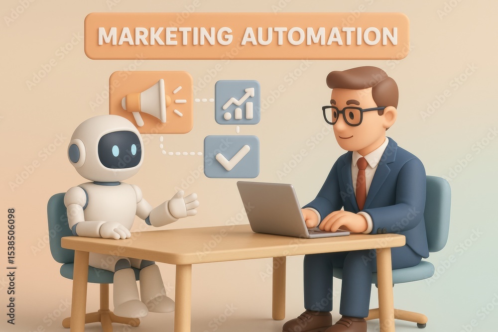 Marketing automation concept with robot and businessman working Marketing automation concept with robot and businessman working