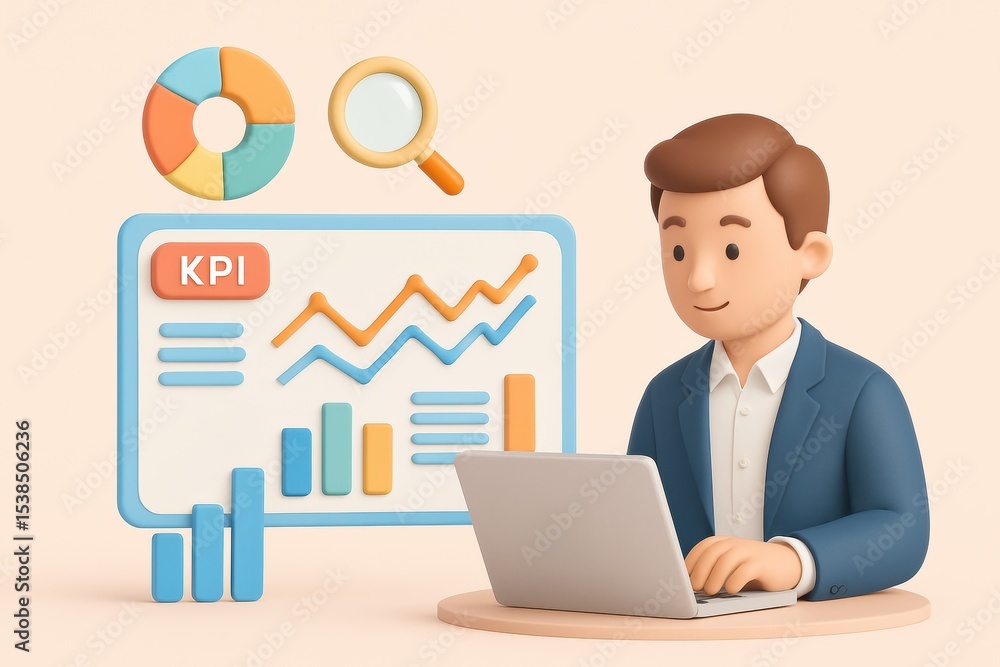 Businessman working on laptop with KPI chart and magnifying glass Businessman working on laptop with KPI chart and magnifying glass