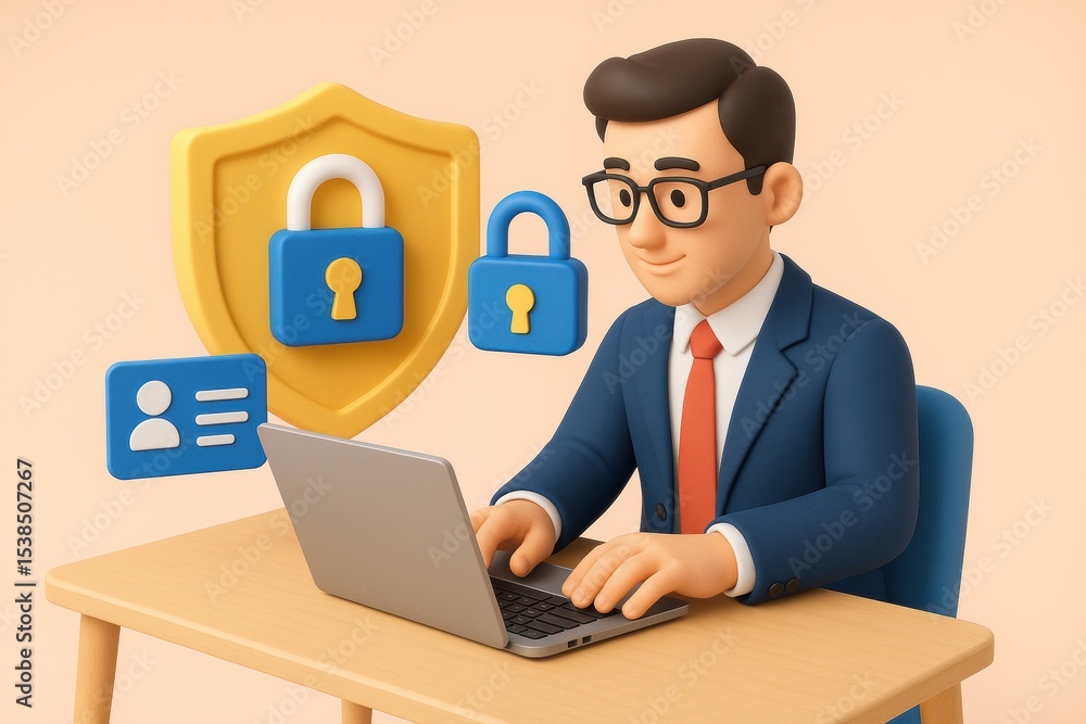 Businessman working on laptop with security icons and shield Businessman working on laptop with security icons and shield