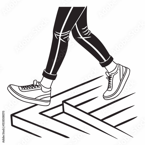 Line Art Illustration Person Walking Upstairs, Steps, Movement, Legs, Shoes