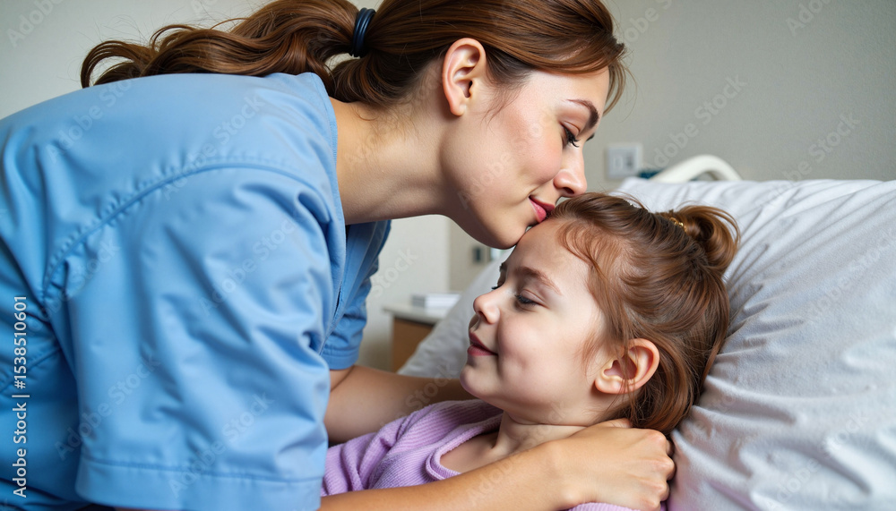 Nurse kissing child's forehead goodnight in hospital room, compassion Nurse kissing child's forehead goodnight in hospital room, compassion
