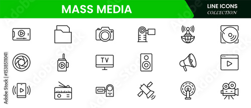 Dynamic vector web line icons depicting mass media, journalism, broadcasting, news, television, and digital communication for global information sharing.