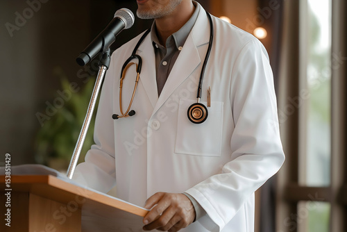 A doctor wearing a white coat and stethoscope speaks at a podium with a microphone in a professional indoor setting.