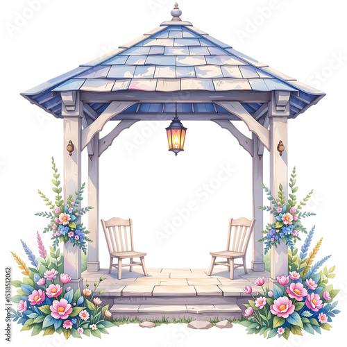 Relaxing garden retreat outdoor gazebo floral decor peaceful environment wide view tranquility and nature