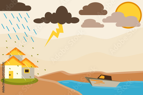 Tropical Storm Scene with Rain, Boat, and Thunderclouds
