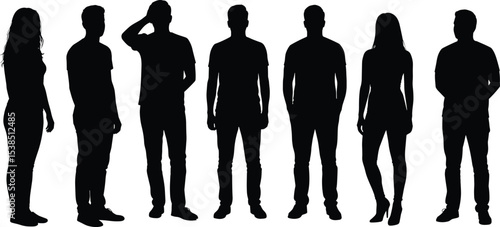 Group of standing people silhouette, casual outfit, men and women, black vector illustration, side pose, front view, isolated art