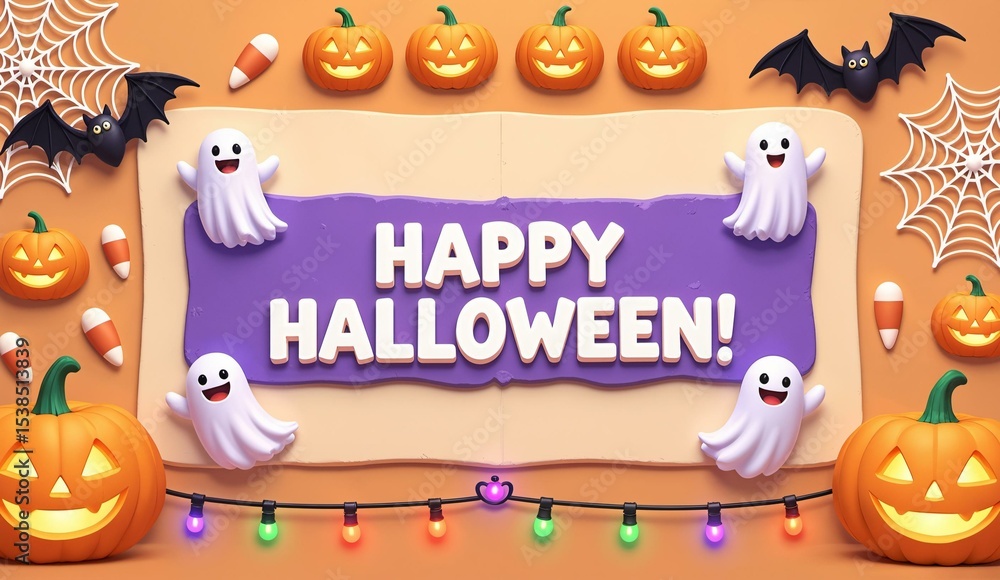Fototapeta premium Happy Halloween greeting with ghosts, pumpkins, and bats on a festive background