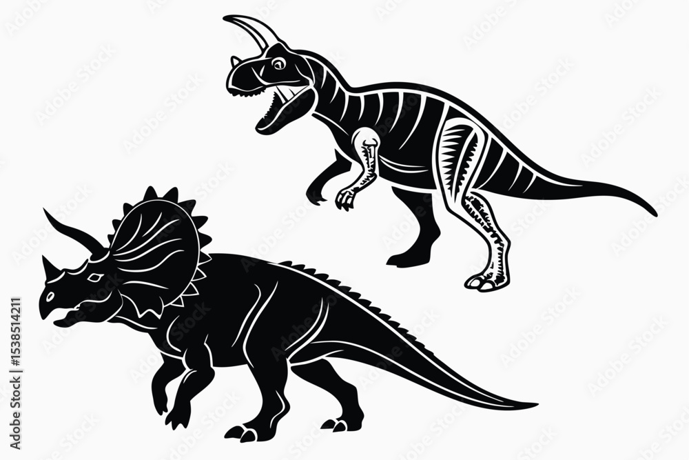 Two dinosaurs, including a horned Ceratosaurus and Triceratops, are outlined in black with stylized details Two dinosaurs, including a horned Ceratosaurus and Triceratops, are outlined in black with stylized details